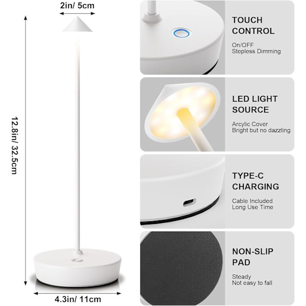 Genopladelig Ledningsfri Bordlampe, Bærbar LED 2400ma Metal USB Skrivebordslampe white
