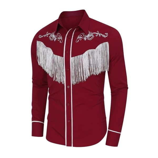 Långärmad herrskjorta med broderade fransar Red L