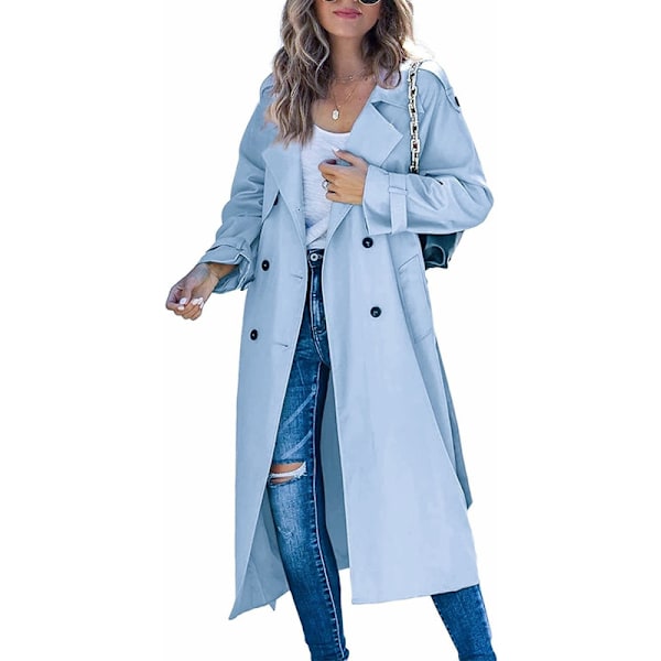 Kvinners dobbeltbrystet lang trenchcoat med belte Blue XL