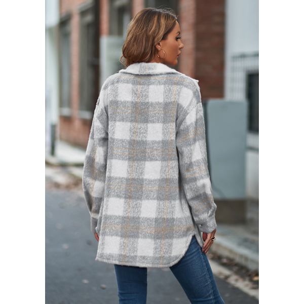 Dametøj Langærmet Casual Plaid Shacket Jakker Skjorter Lapel Tweed Peacoat Grey L