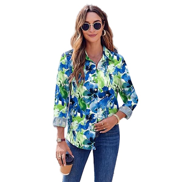 Dam Skjortor med Knappar Blommig Tryck Långärmad Vardaglig Topp Blue M