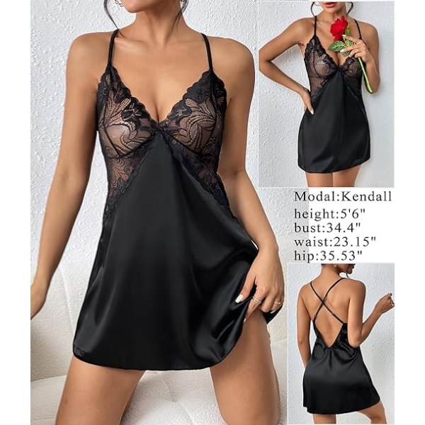 Damunderkläder i spets och satin med V-ringning för nattkläder Black XL