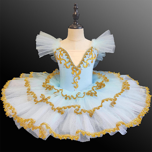 Jente Tutu-skjørt Leotard med Broderte Ruffel-ermer Ballet Dans Dress Blue 140