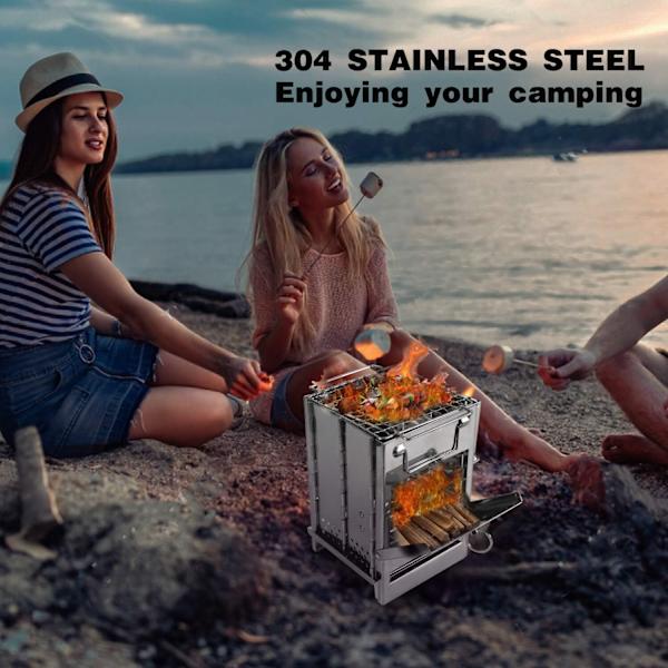 Brennvedkomfyr for camping, sammenleggbar, rustfritt stål grill