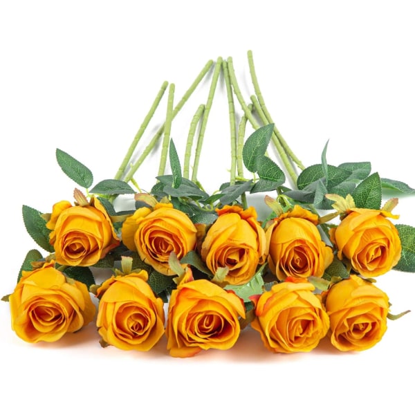 10 stk Kunstige Roseblomster Lange Stilker Kunstige Silke Roser Dark Yellow