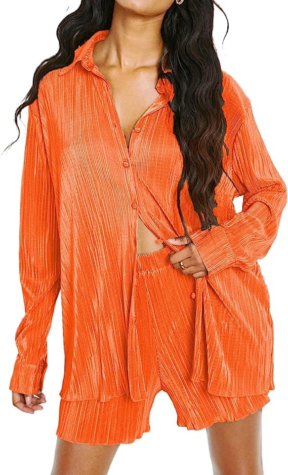 Dam 2-delad byxa set Linne Shirtort set Orange S