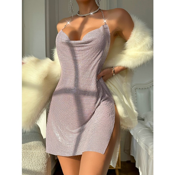 Kvinnors Sekvenshalsband Bodycon Miniklänning Split Hem Rygglös Sexig Kort Klänning Pink S