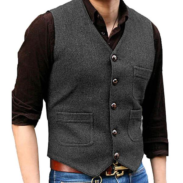 Herrar Vintage Tweed Väst V-ringad Casual Ull Väst Grey S