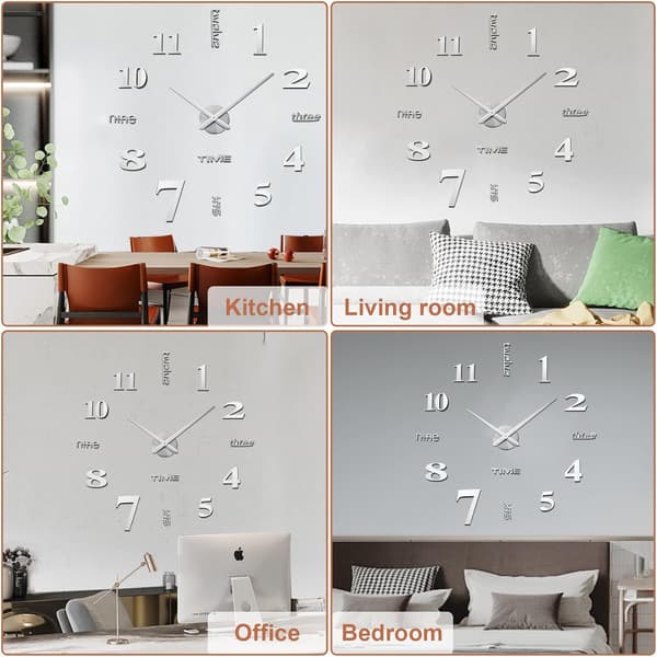 3D DIY Väggklocka Dekor Sticker Spegel Ramlös Stor DIY Väggklocka Kit silver