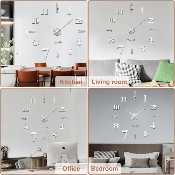 3D DIY Veggklokke Dekor Klistremerke Speil Rammeløs Stor DIY Veggklokke Sett silver