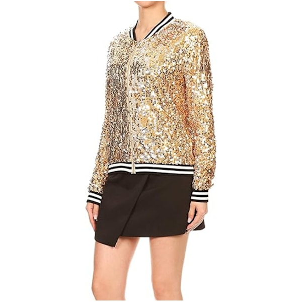 Kvinners Sequin Fitted Lang Ermet Glidelås Blazer Bomberjakke Gold XL