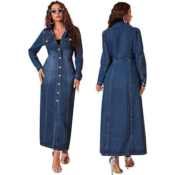Lång Jeansklänning Dam Midi Skjortklänning Dark Blue M