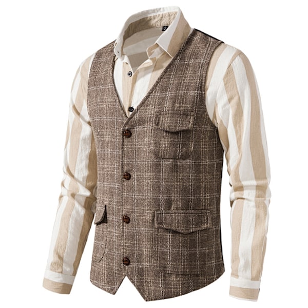 Herrevest for Bryllup Rutete Myk Ull Tweed Vest khaki M