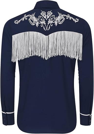 Långärmad herrskjorta med broderade fransar Blue 2XL
