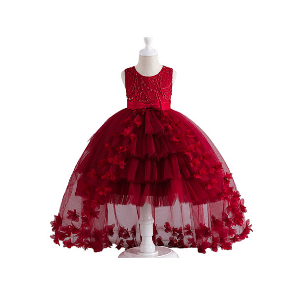 Flickors Blomsterklänning Barn Elegant Festklänning Ärmlös Tutusklänning Wine Red 140
