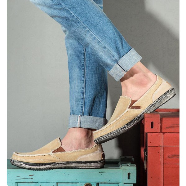 Mænds Casual Klud Sko Canvas Slip On Loafers Fritid Vintage Flat Båd Sko KHAKI 41