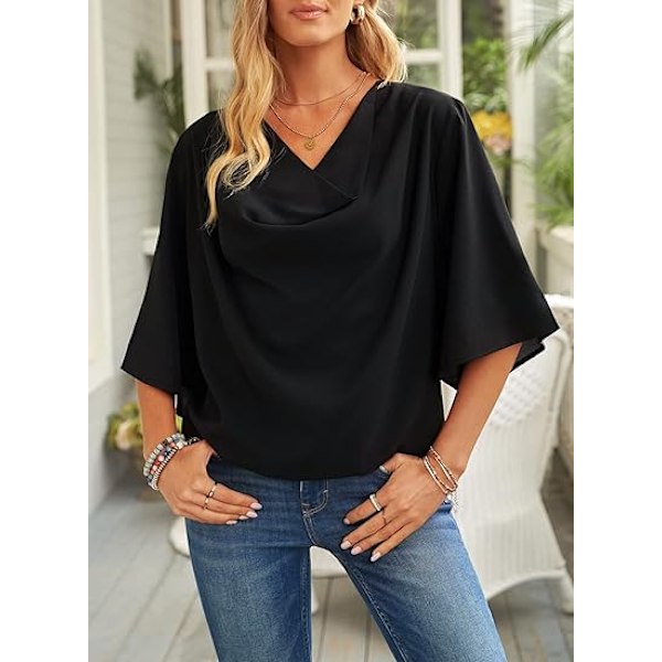 Bluser og topper for kvinner med korte ermer, chiffon skjorter og topper Black M