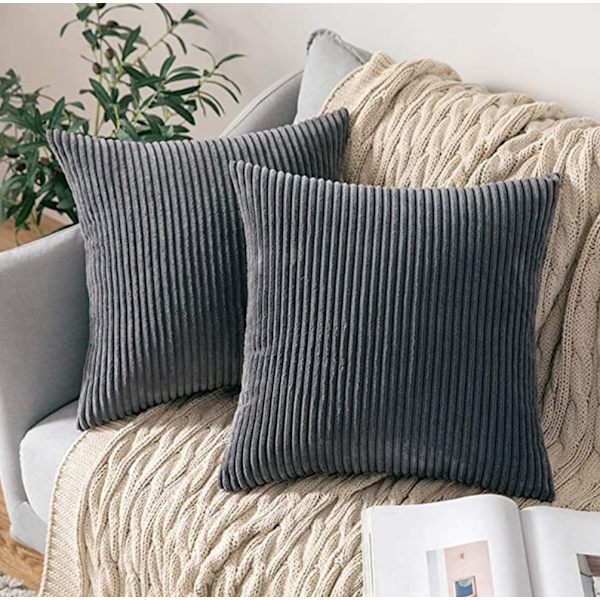 2 st Corduroy Kuddfodral, Solid & Randig Kuddeöverdrag (45*45cm) Dark Gray