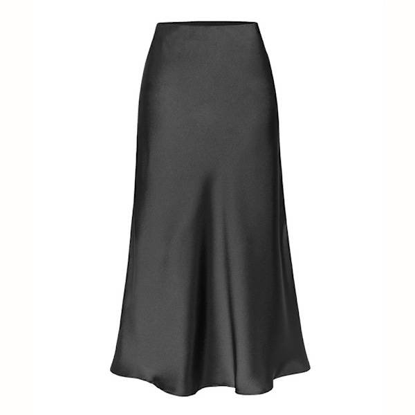 Naisten Tyylikäs Satiininen Silkkihame Korkealla Vyötäröllä A-linjainen Midi-hame Black 2XL