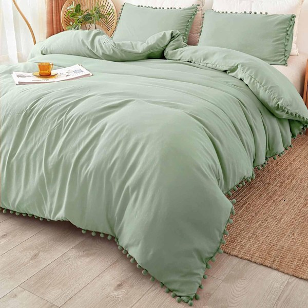 Bomullsöverdrag med Pompom- fransar, 3-delat Bohemiskt Mikrofiberset Green Twin-168*228cm