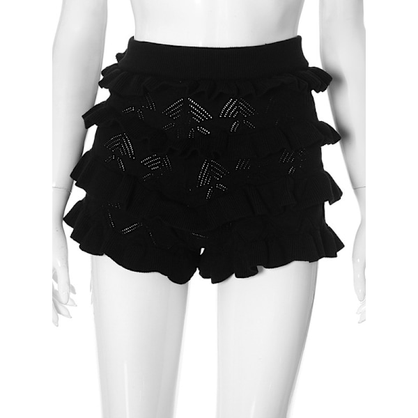 Kvinnor ihåliga virkade stickade shorts volangskiktade Black M