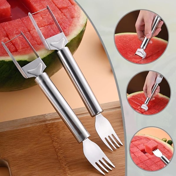 2-i-1 Vattenmelon Gaffel Slicer Cutter, Rostfritt Stål 2-i-1 Vattenmelon Gaffel Slicer