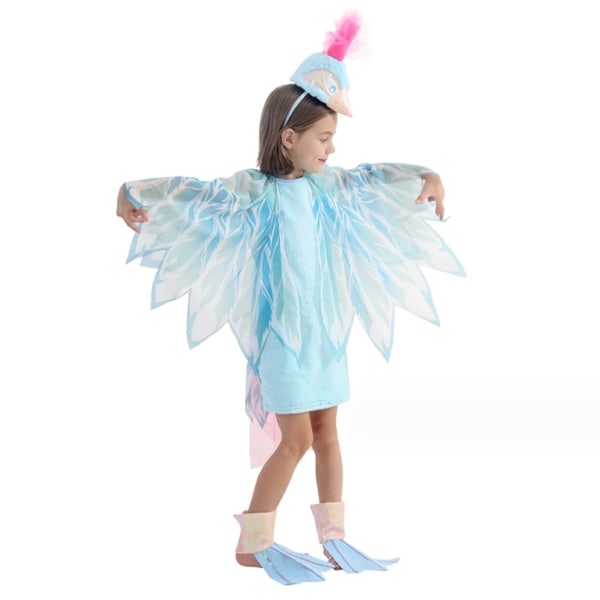 Påfågelklänning med fjädervingar och pannband för Halloween-dräkt för flickor M