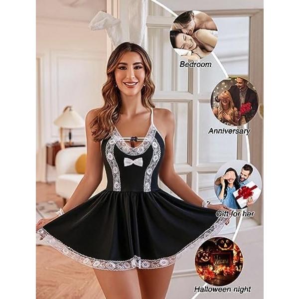 Maid Costume Cosplay Underkläder Set Mesh Chemise Babydoll Spets Rollspelsoutfit Black S