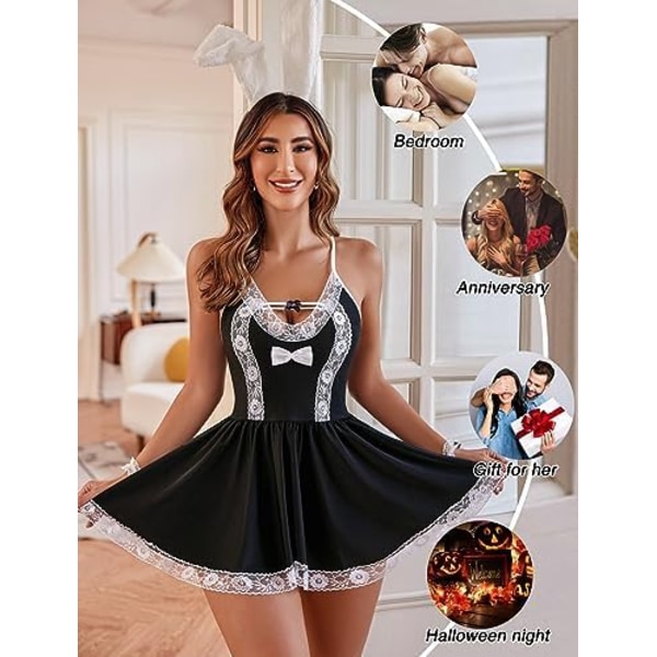 Maid Kostym Cosplay Lingerie Set Mesh Chemise Babydoll Spets Roleplay Outfit Black XL