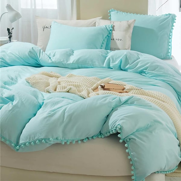 Bomullsöverdrag med Pompom- fransar, 3-delat Bohemiskt Mikrofiberset Blue Twin-168*228cm