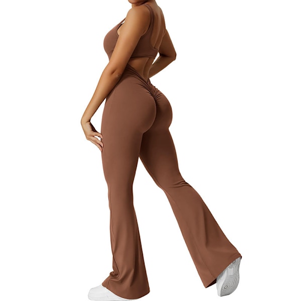 Träningsjumpsuit för kvinnor, sexig rygglös, kroppsnära, med skrynklade rumpa, yogaromper brown M
