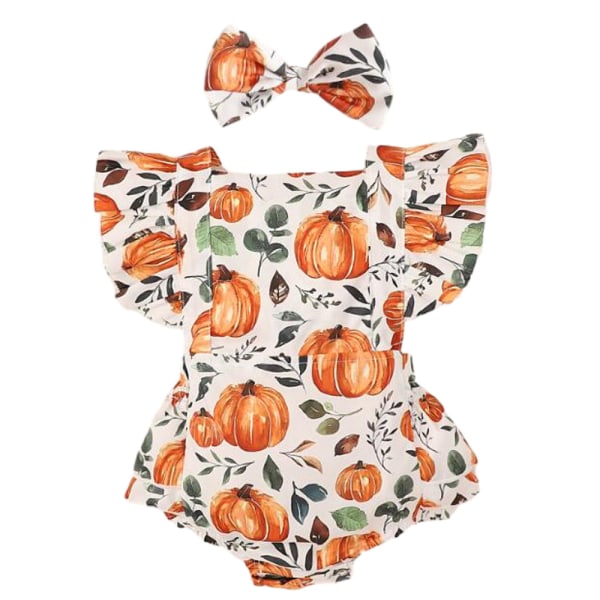 Baby Pige Halloween Græskar Print Bodysuit White 70CM