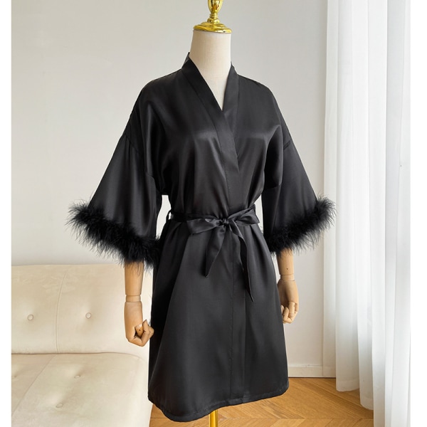 Langærmet Satin-Morgenkåbe med Fuzzy Trim og Bælte til Kvinder - Brudekjole til Bryllupsdag Black