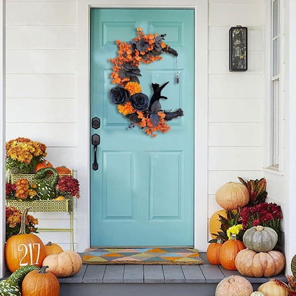 Halloween Halvmånekrans med Lys, Sort Måneblomst og Kattekrans Style 3