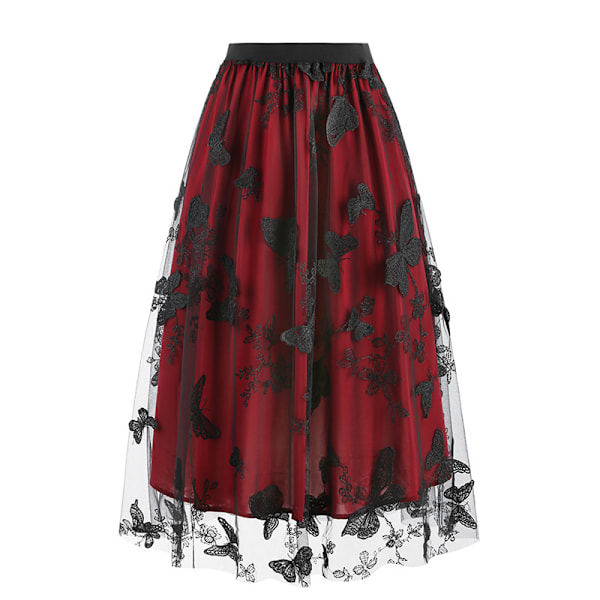 Naisten kukkakirjailtu hame vintage tyllihame Wine Red M