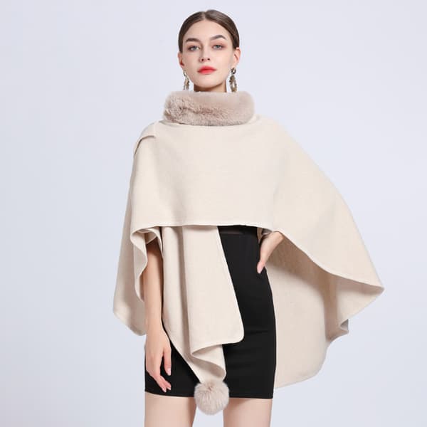 Faux Fur Trim Cardigan Kappe Sjal til Efterår Vinter Beige
