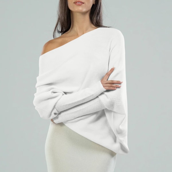 Dame Batwing Oversized Gensere Asymmetrisk Off Shoulder Båthals Wrap Tunika Topper White L