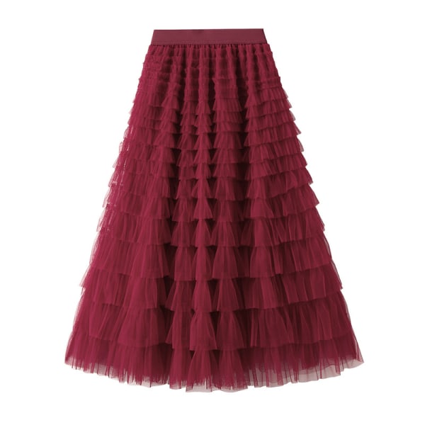 Dame Elastisk Talje Lagdelt Mesh Skørt Red L
