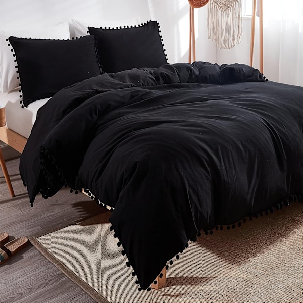 Bomullsöverdrag med Pompom- fransar, 3-delat Bohemiskt Mikrofiberset Black Full-200*228cm