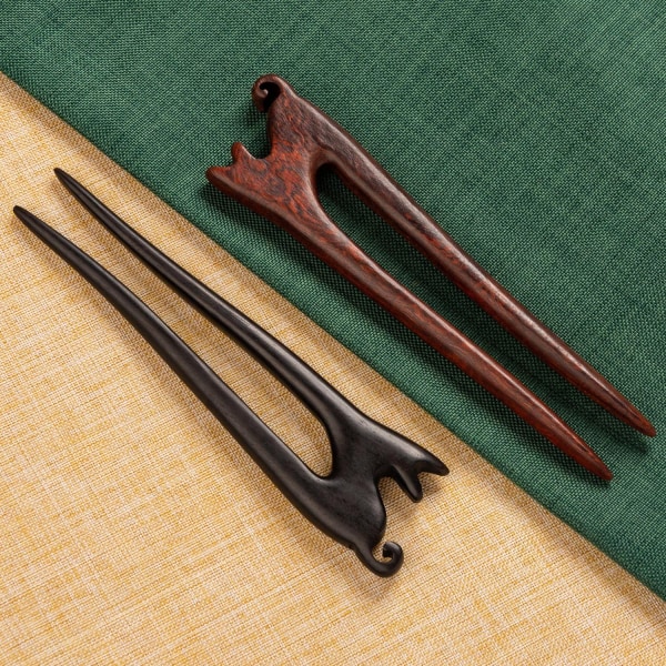 2 st franska hårgafflar i trä, handsnidade ebenholts sandelträ U-formade hårpinnar Set 1