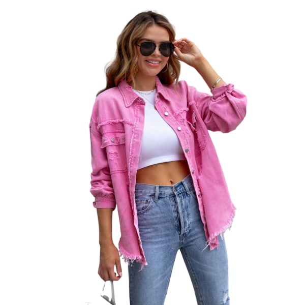 Dame Langærmet Denim Rippet Casual Lapeljakke Pink L