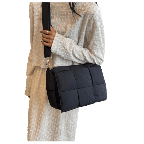Dunjacka axelväska Nylon vadderad vävd handväska, damer dunplånbok Black
