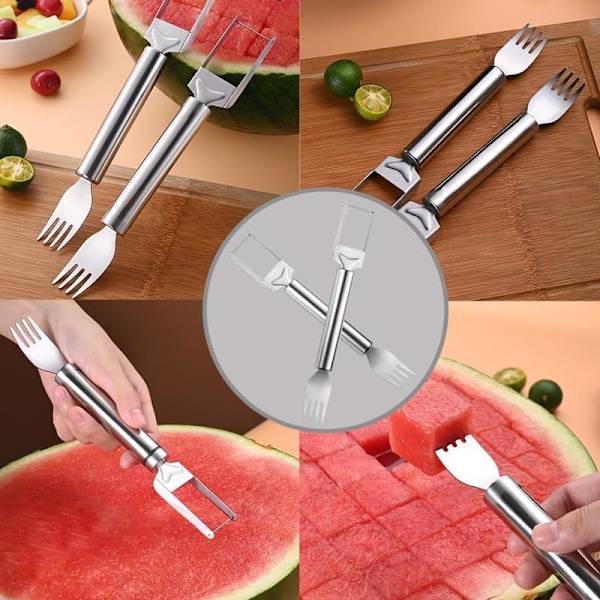 2-i-1 Vattenmelon Gaffel Slicer Cutter, Rostfritt Stål 2-i-1 Vattenmelon Gaffel Slicer
