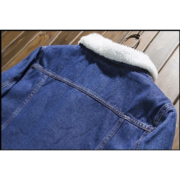 Mænds Lapel Sherpa Fleeceforet Tyk Denim Jean Trucker Jakke Frakker Dark Blue M