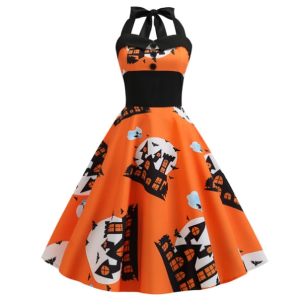 Halloween Halter Klänning för kvinnor Pumpa lång klänning black orange L