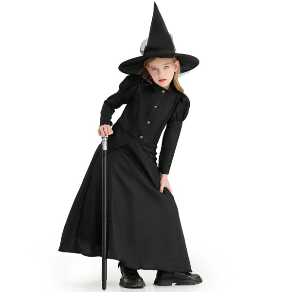 Flickans svarta häxadräkt för Halloween-kostymfest S