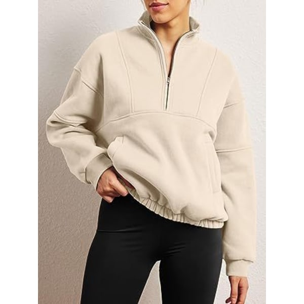 Dame Langærmet Lapel Halv Zip Up Sweatshirt Beige XL