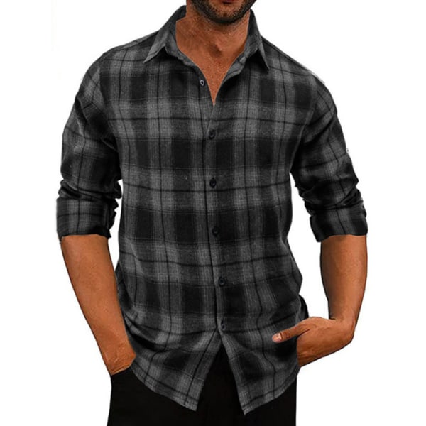 Långärmad flanellskjorta för män black grey M