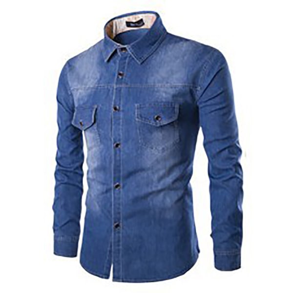 Mörkblå långärmad jeansskjorta för män 2XL
