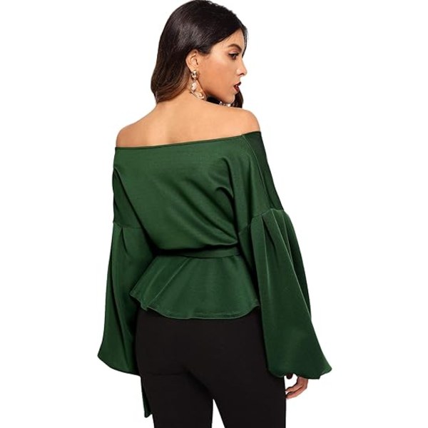 Kvinners stroppeløs langærmet V-hals ruffle skjorte Green 2XL